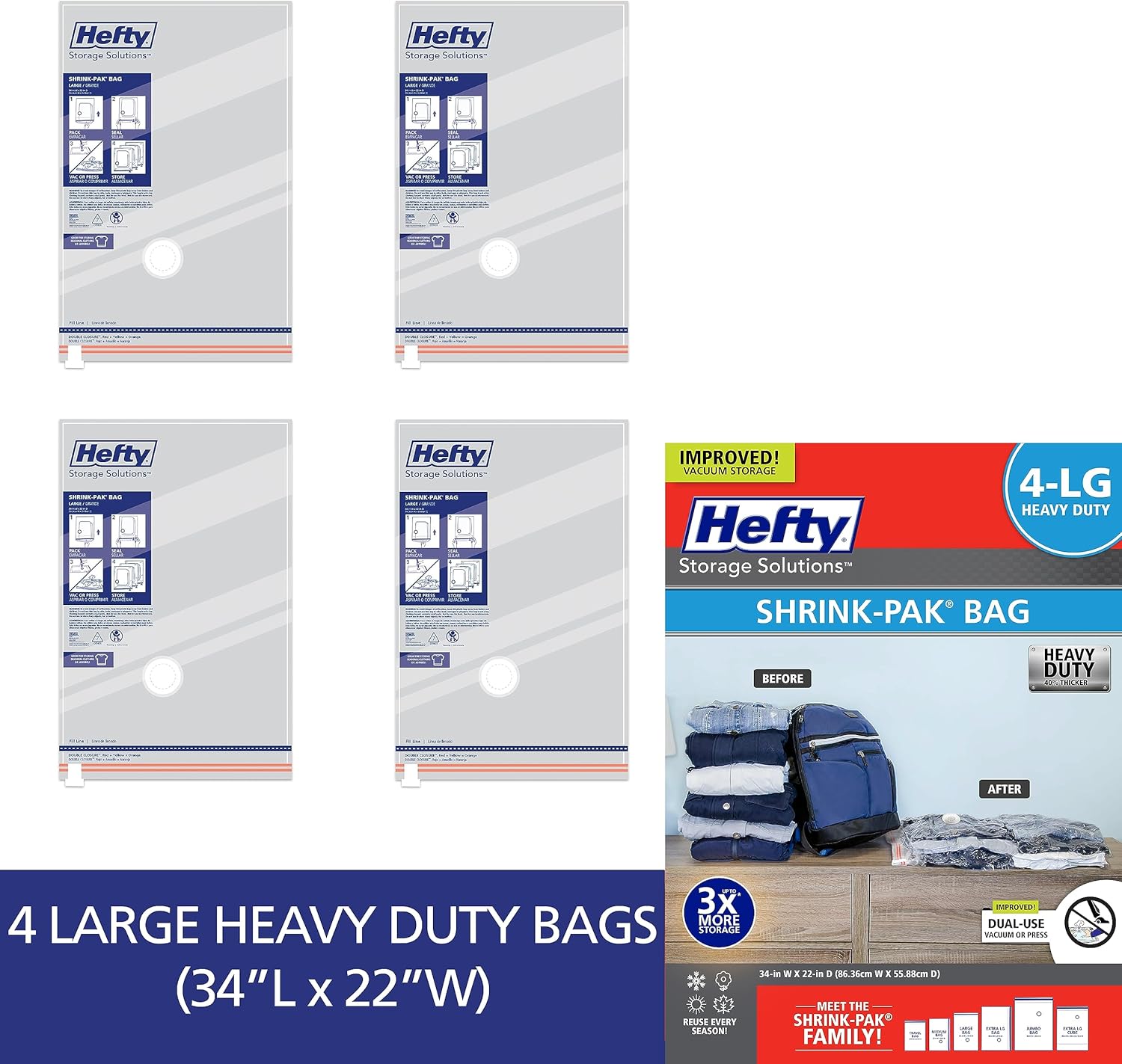 Hefty Vacuum Bags for Clothes 4 Pack, Space Saving Large Vacuum Storage Bags (34 X 22 Inches) Compression Seal for Bedding, Travel Pump Included (4 Large Heavy Duty)