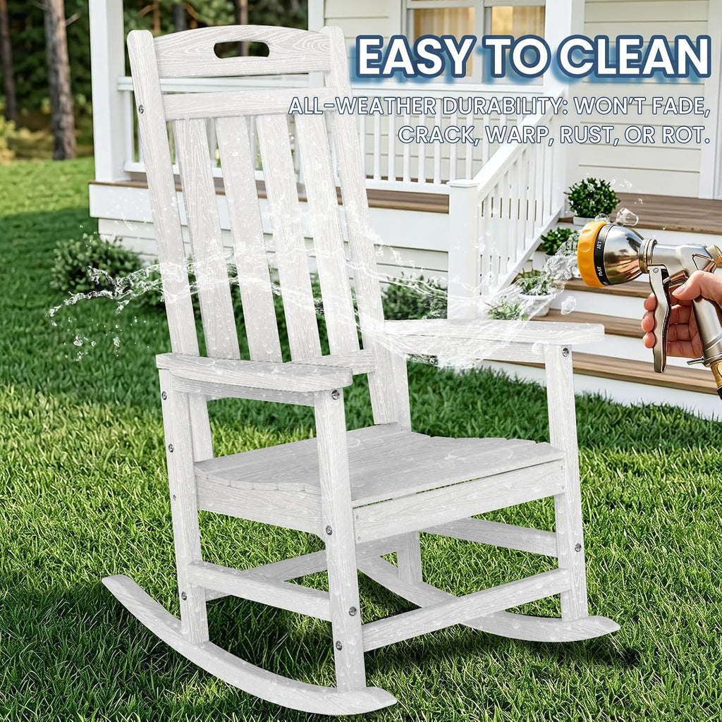 Outdoor Rocking Chair, High Back HDPE Patio Chair, All Weather Rocker Porch Chair, Lawn Chair for Deck, Porch, Backyard, Garden and Indoor, White