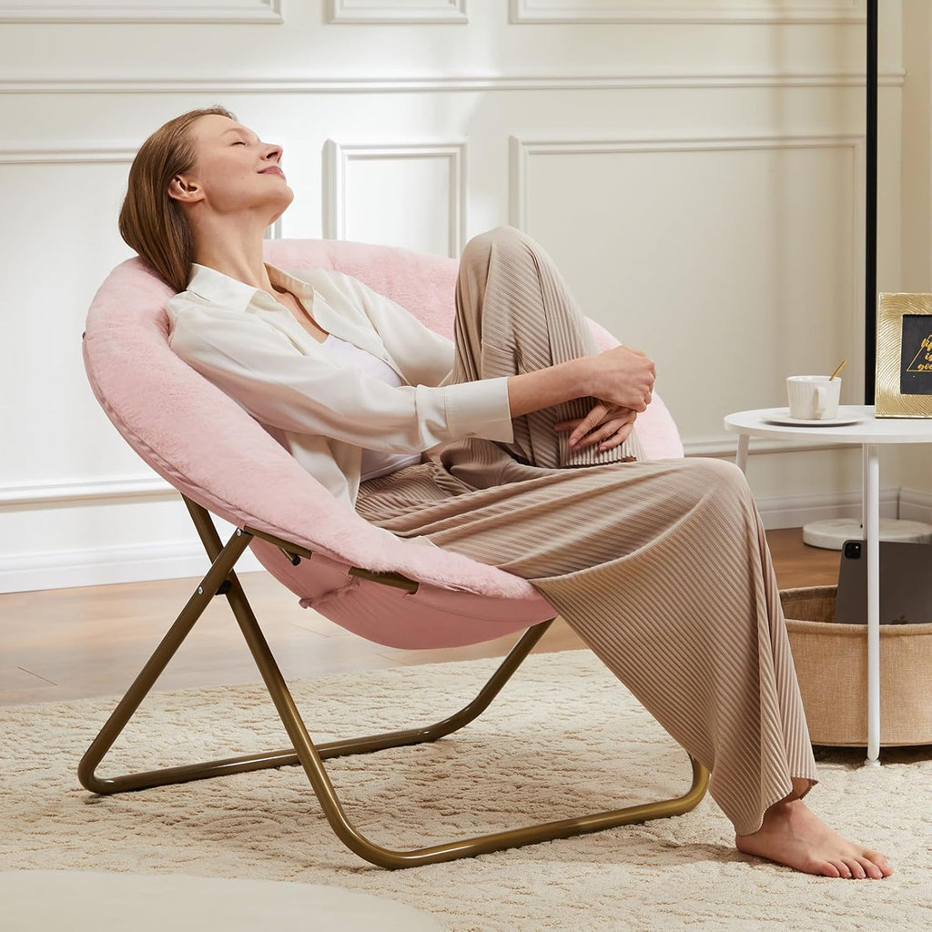 DUMOS Faux Fur Saucer Chair, Living Room Folding Lounge Chair | XL Circle Moon Mushroom Style, Gaming Dorm Small Spaces, Foldable Oversized Accent Seat, Reading