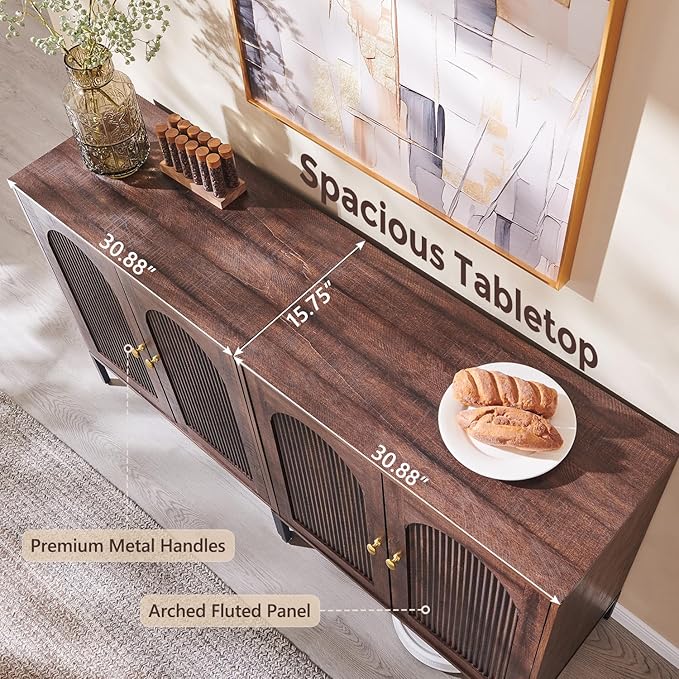 Modern TV Stands for 75 Inch tvs, 61.75‬"W Wood Entertainment Center w/Adjustable Shelves, Mid Century Modern TV Stand w/Arched Fluted Doors, Media Console Cabinet for Living Room, Brown
