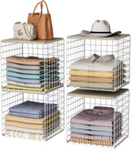 4 Pack Closet Organizers and Storage with Wood Top, Stackable Closet Shelf Organizer, Double Storage Design, Clothes Storage Basket/Cube Organizer for Wardrobe, Sturdy, White (Patent Pending) ﻿