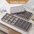 Large Jewelry Organizer for Drawer Insert Velvet Stackable Jewelry Trays for Earring Necklace Bracelet Ring Display (Gray, 12 Grids)