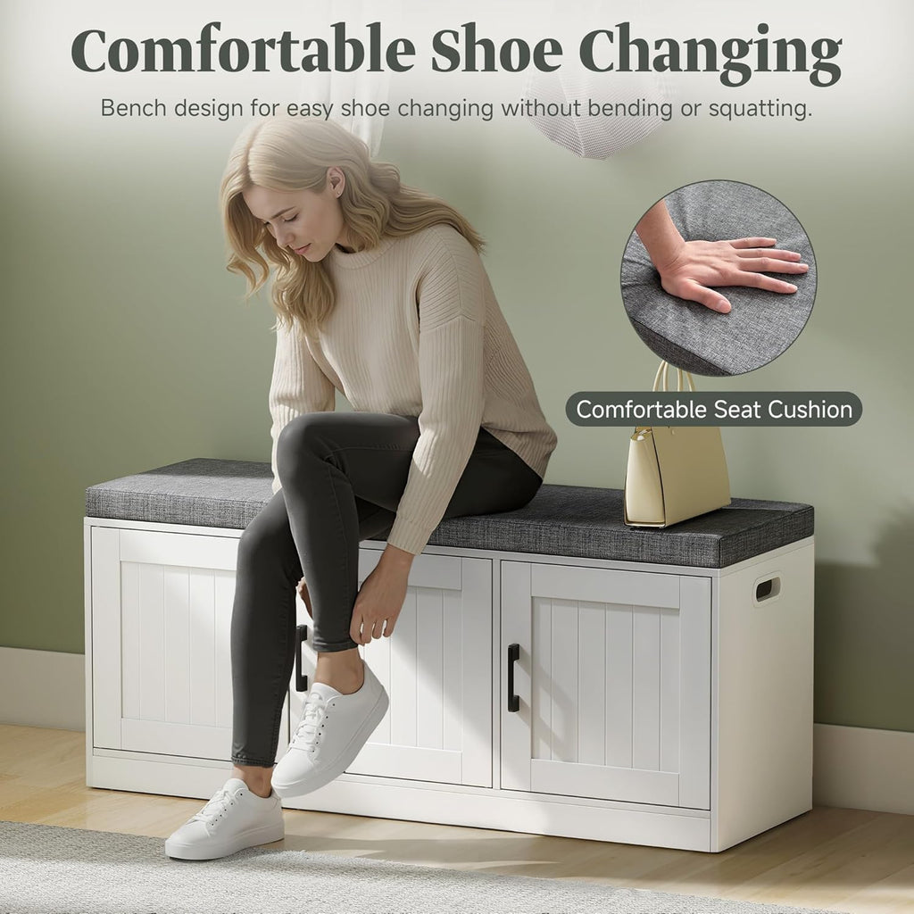 Turosur Shoe Storage Bench with Cabinet, 3-Tier Entryway Bench with Padded Seat Cushion, Shoe Cabinet Bench with 4 Adjustable Shelves for Bedroom, Mudroom, White