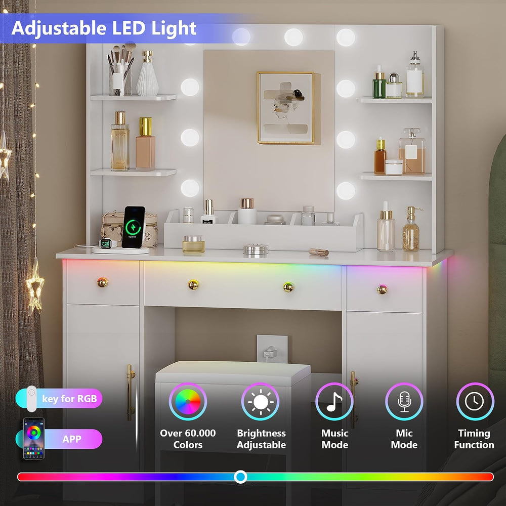 HUANLEGO Vanity Desk with Mirror and Lights, Makeup Vanity with Charging Stat...