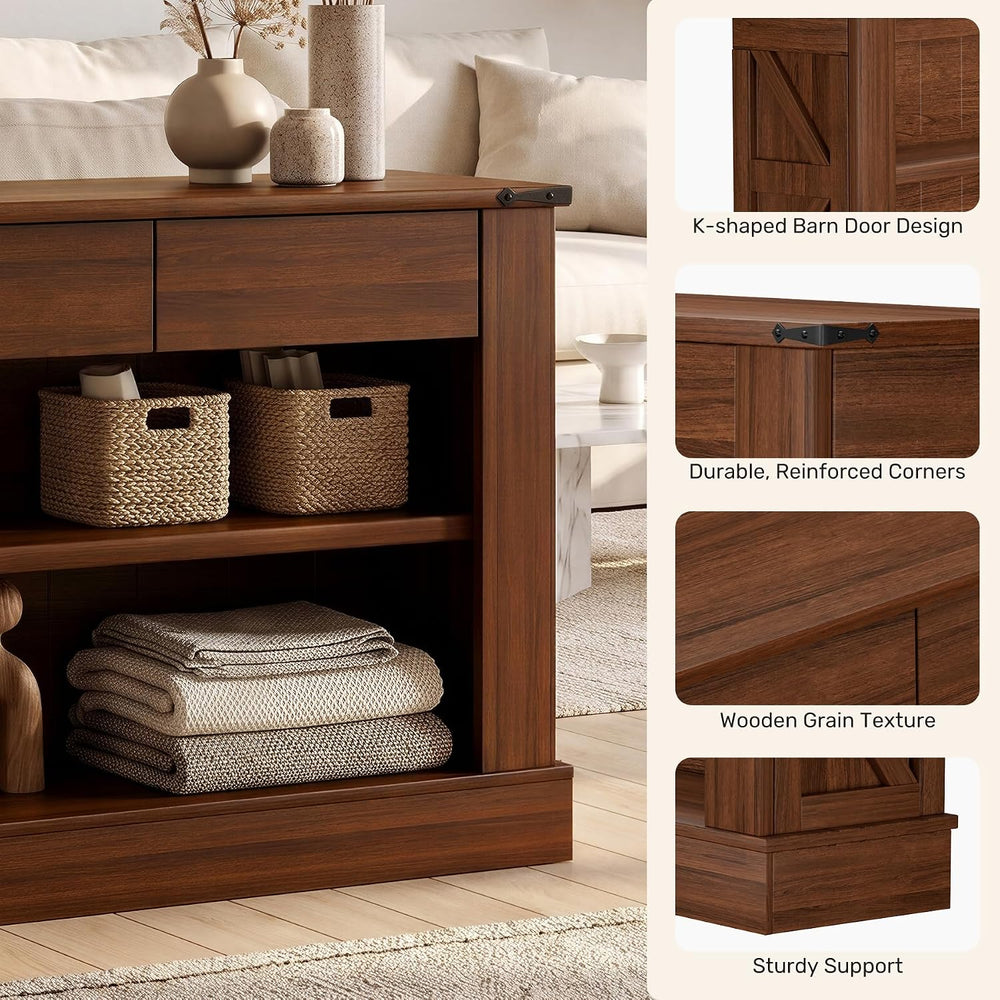 Miereirl 63" Console Table with Drawers & LED Light, Farmhouse, Waln...