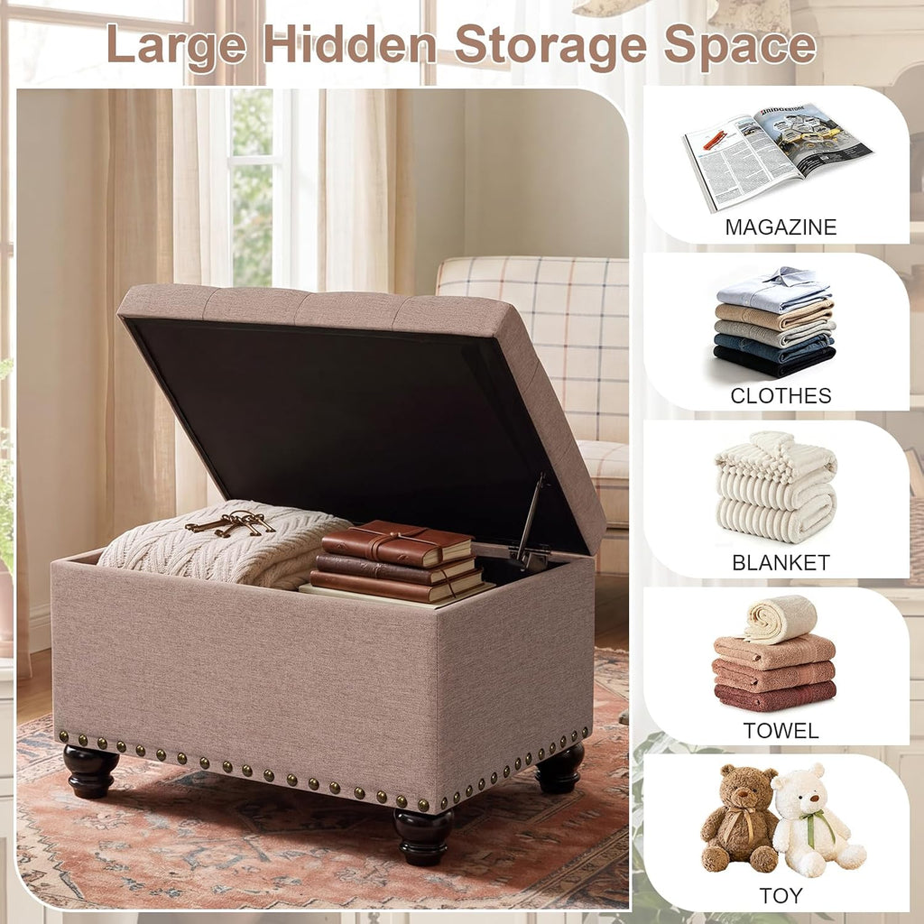 Ottoman with Storage, Fabric Ottoman Foot Rest 24" Rectangle Tufted Foot Stools Ottomans with Hinged Lid Upholstered Button Ottomans for Bedroom Living Room Entryway, Taupe