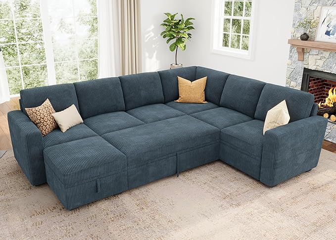 HONBAY Modular Sectional Sleeper Sofa with Pull Out Bed, Corduroy Couch with Storage, U Shaped Sectional Couches for Living Room, Blue