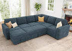 HONBAY Modular Sectional Sleeper Sofa with Pull Out Bed, Corduroy Couch with Storage, U Shaped Sectional Couches for Living Room, Blue