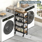 5 Tier Slim Rolling Utility Cart with Drawers Pull-Out Design Slim Storage Cart with Metal Frame and Wooden Top for Narrow Space in Home Kitchen Bathroom Black (Width 8.1 Inches)