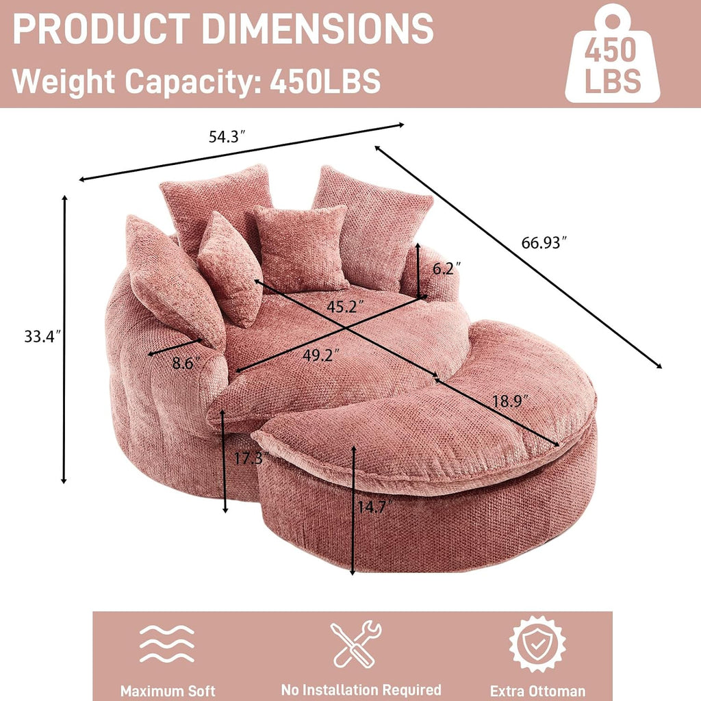 54'' Oversized Round Bean Bag Chaise Lounge Barrel Chair with Movable Ottoman, Fluffy Cloud Couch Boneless Round Sofa Chair for Living Room, Bedroom, Apartment, Pink