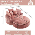 54'' Oversized Round Bean Bag Chaise Lounge Barrel Chair with Movable Ottoman, Fluffy Cloud Couch Boneless Round Sofa Chair for Living Room, Bedroom, Apartment, Pink