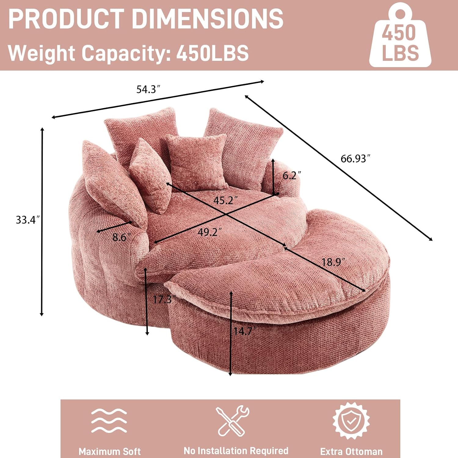 54'' Oversized Round Bean Bag Chaise Lounge Barrel Chair with Movable Ottoman, Fluffy Cloud Couch Boneless Round Sofa Chair for Living Room, Bedroom, Apartment, Pink