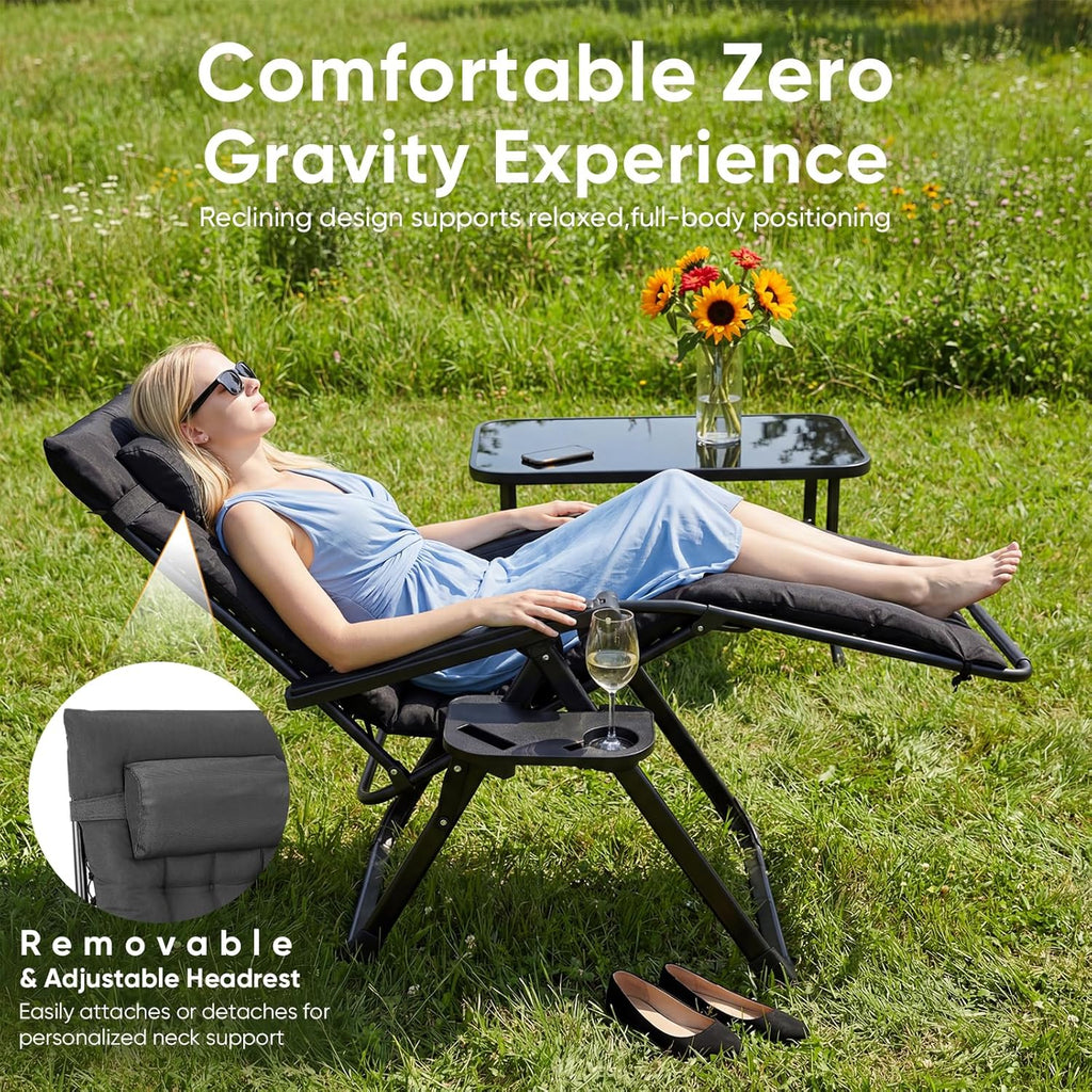 NEWBULIG Zero Gravity Chair, Folding Patio Recliner with Removable Cushion & Cup Holder Trays, Portable Lounge Chair for Beach & Camping, Classic Black