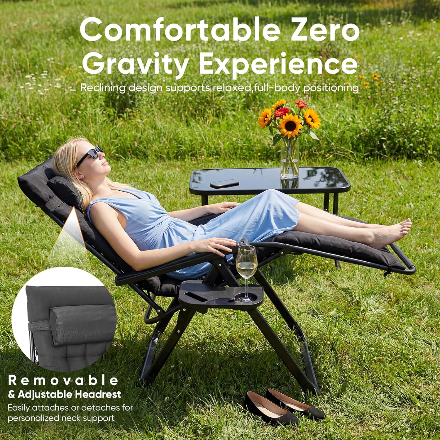 NEWBULIG Zero Gravity Chair, Folding Patio Recliner with Removable Cushion & Cup Holder Trays, Portable Lounge Chair for Beach & Camping, Classic Black