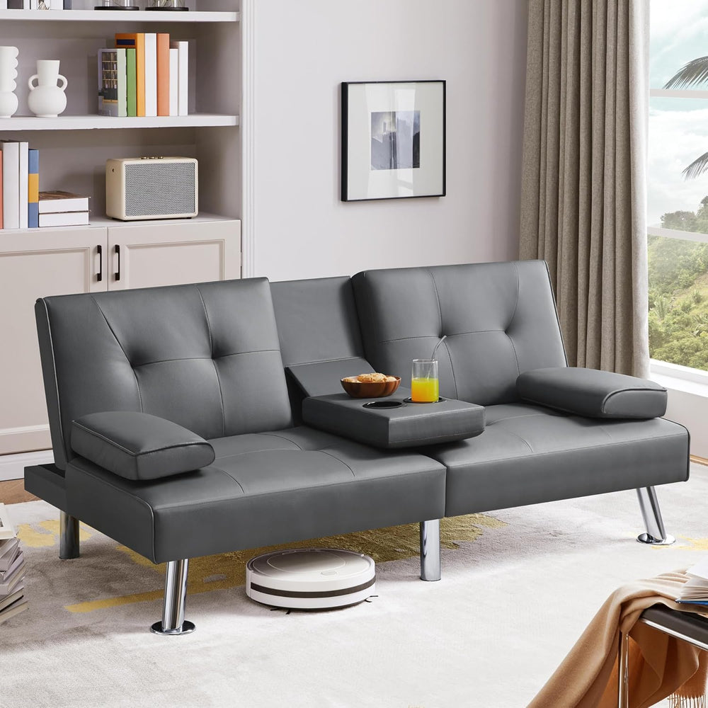 Yaheetech Convertible Futon Sofa Bed Loveseat with Cup Holder, Gray | 3 Angle...