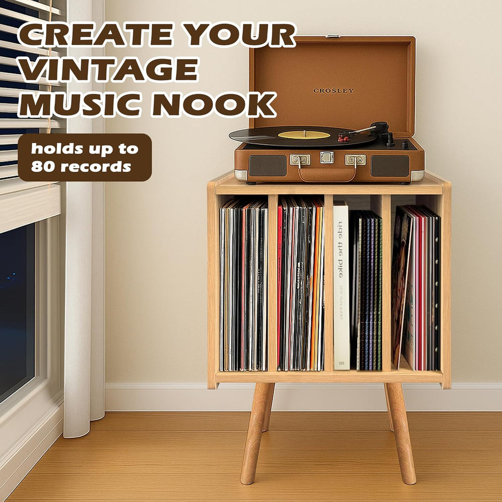 Record Player Stand, Vinyl Record Storage Table with 4 Cabinet, Mid Century M...