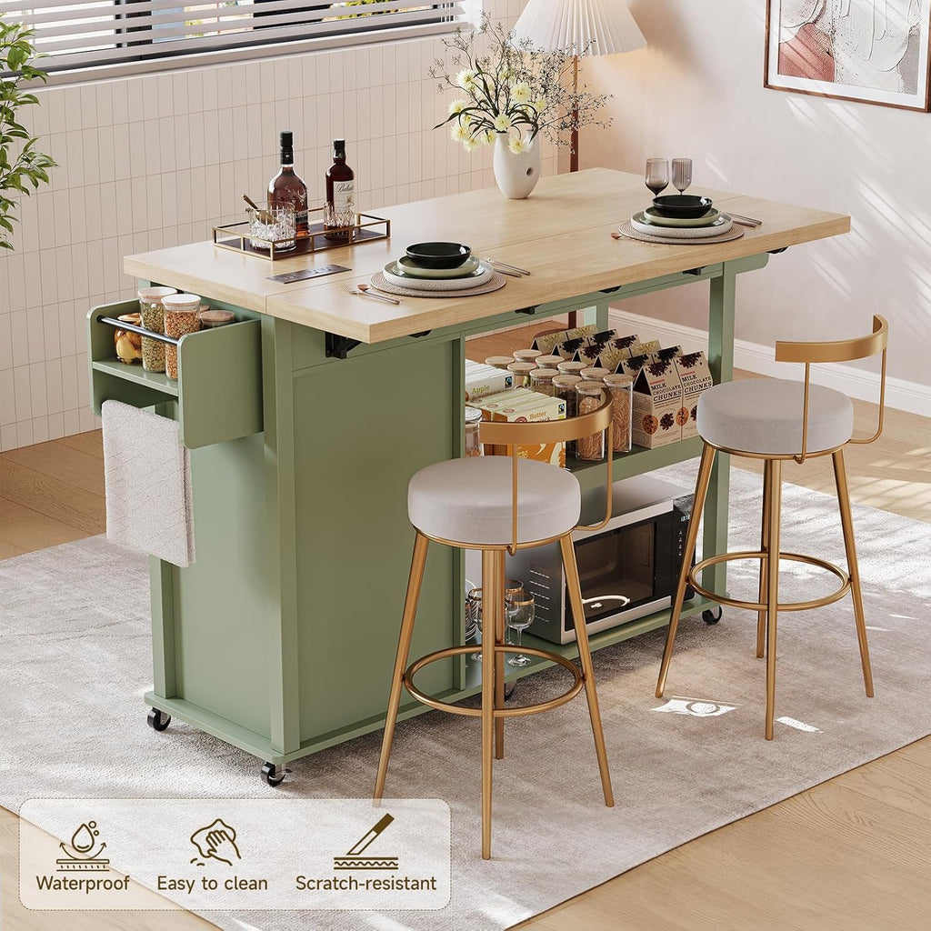 ONBRILL 56" Kitchen Island with Drop Leaf, Rolling Kitchen Cart with Trash Cabinet, Power Outlet, 2-Tier Open Shelves, 3 Drawers, Spice & Paper Towel Racks, 6 Wheels (4 Locking) for Dining Room, Green