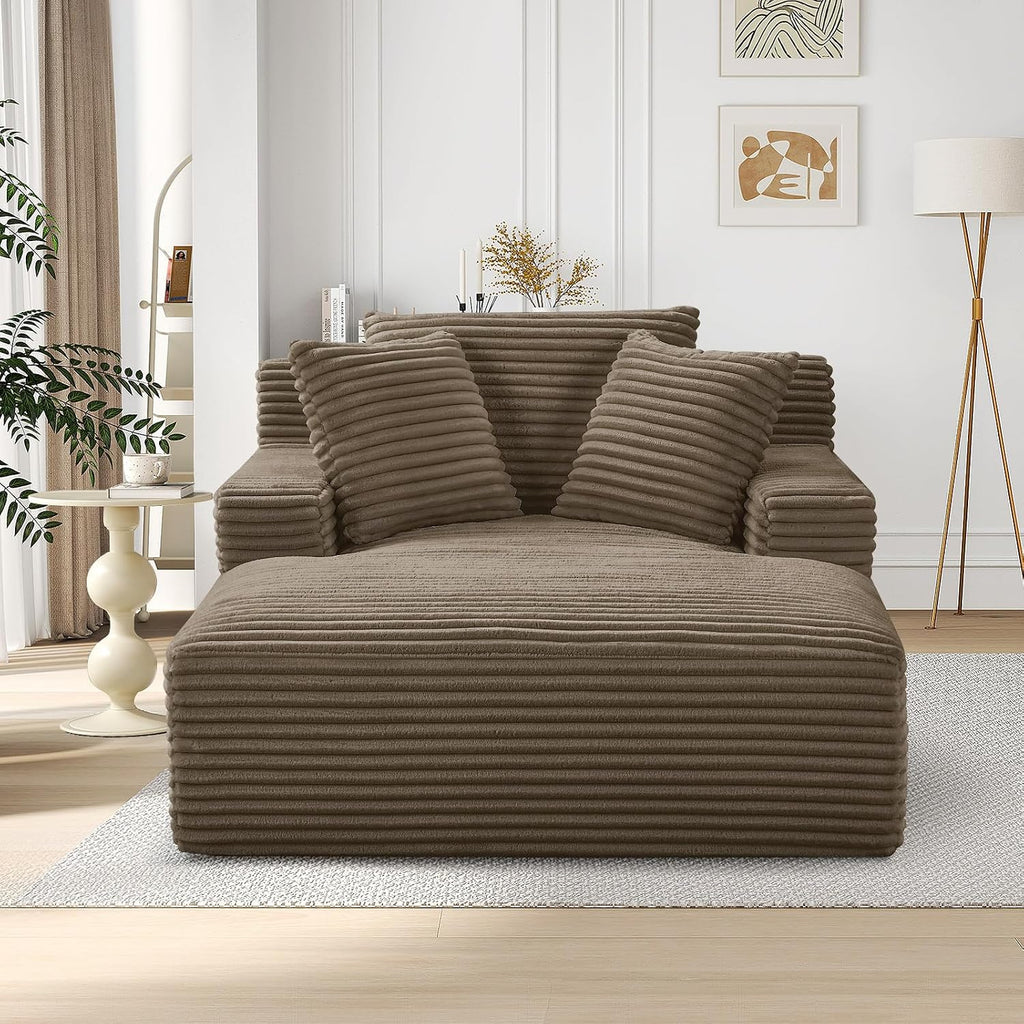 Oversized Chaise Lounge Chair Indoor,50" W Upholstered Corduroy Sofa with 3 Pillows,Comfy Fluffy Cloud Couch,Modern Deep Seat Sofa,Single Sleeper Sofa Chair for Livingroom,Bedroom,No Assembly(Brown)