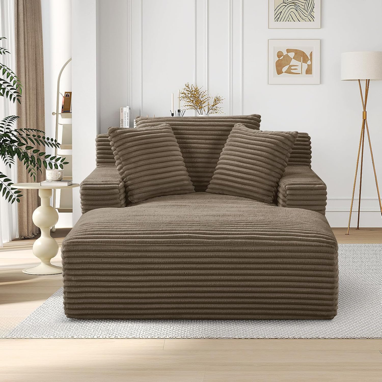 Oversized Chaise Lounge Chair Indoor,50" W Upholstered Corduroy Sofa with 3 Pillows,Comfy Fluffy Cloud Couch,Modern Deep Seat Sofa,Single Sleeper Sofa Chair for Livingroom,Bedroom,No Assembly(Brown)