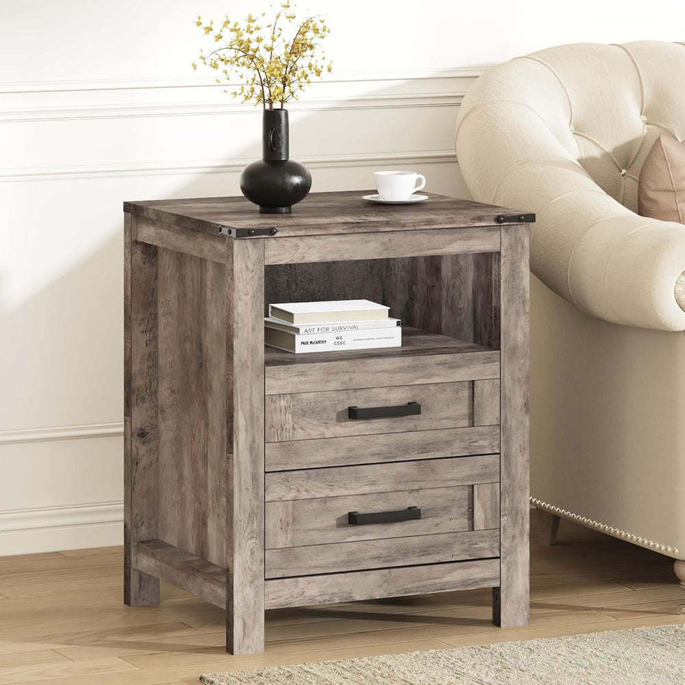EazeHome Farmhouse End Table, 18” Wooden Side Sofa Table with 2 Drawers and O...