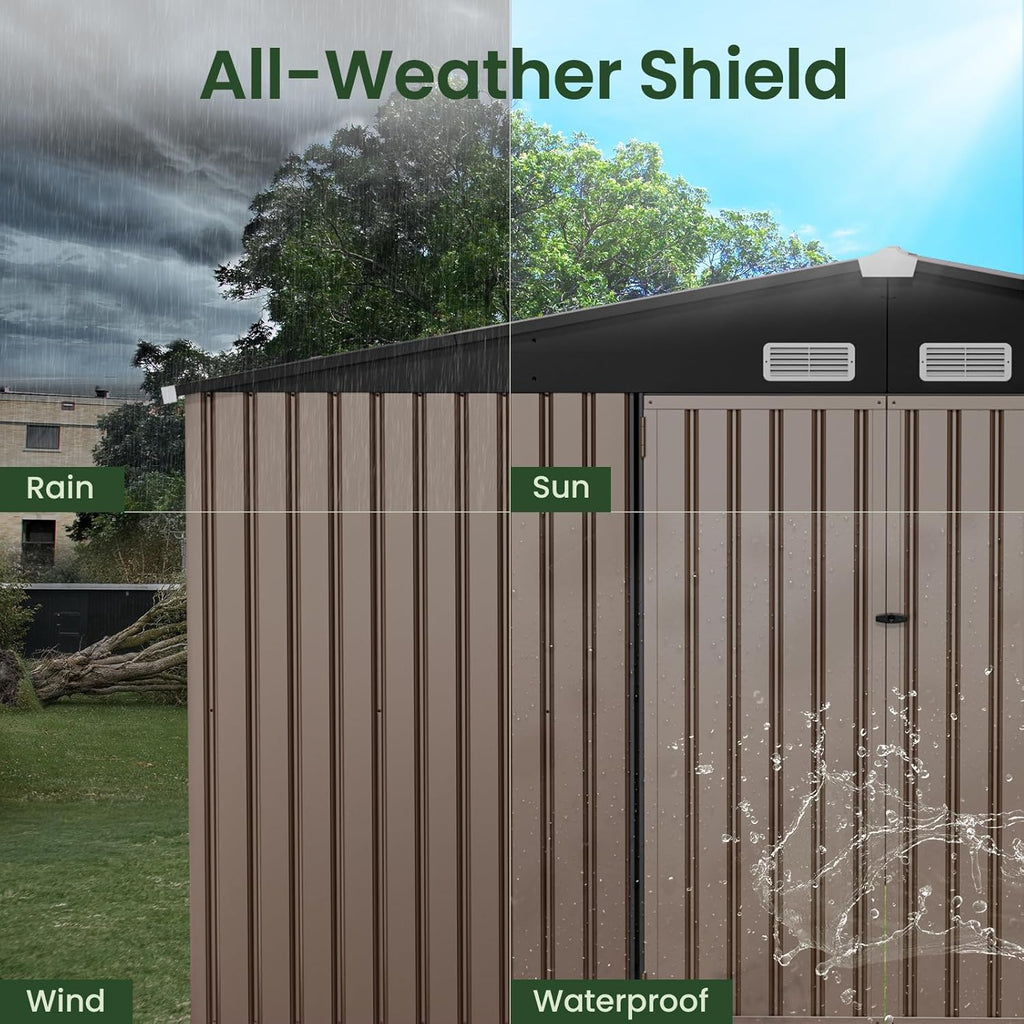 GVDV 10X12 FT Outdoor Storage Shed, Durable Metal Outside Storage for Garden, Patio and Backyard, Waterproof Shelter for Tools, Equipment