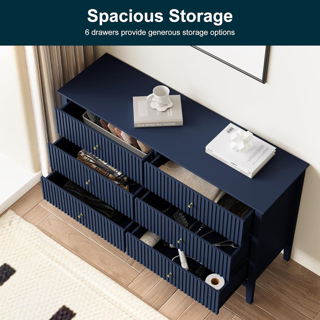 RoyalCraft 6 Drawer Dresser, Fluted Modern Wood Chest of Drawers, Long Dresser for Bedroom TV Stand Storage Cabinet for Living Room, Blue