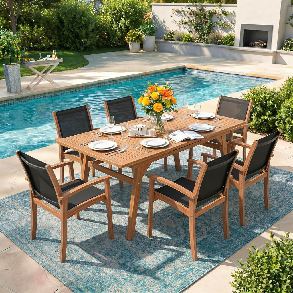 OC Orange-Casual Acacia Wood Patio Dining Chairs Set (Black, 8 Pieces) | Outdoor Chair Set with Breathable Textilene Fabric, Metal Support Bars, Curved Armrest, Supports 350lbs For Lawn, Garden