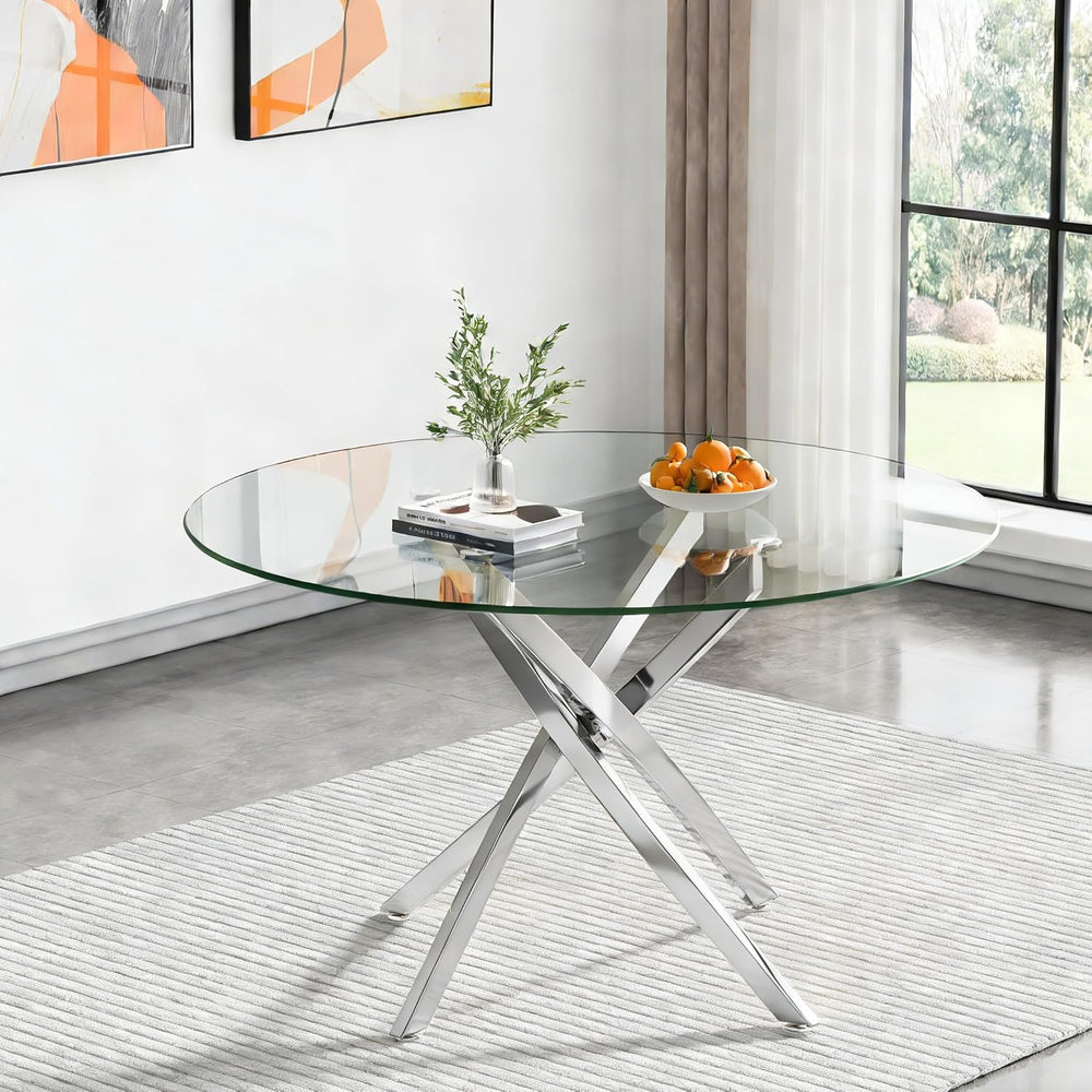 47.2“ Round Dining Table for 4, Contemporary Tempered Glass Dining Table, Sma...