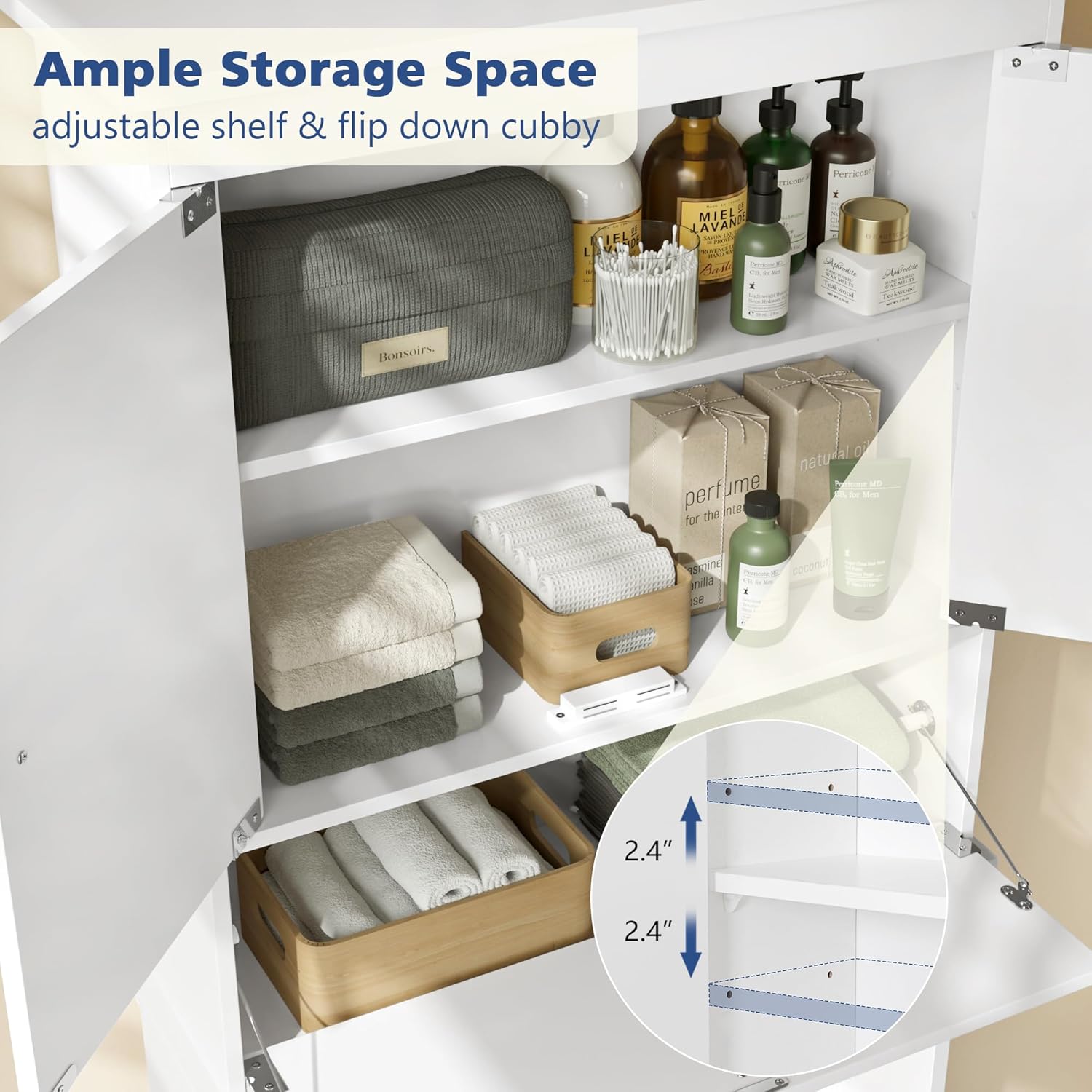 Over The Toilet Storage Cabinet, Bathroom Cabinet Over Toilet with Double Doors and Adjustable Shelf, Freestanding Space Saver Bathroom Shelf Above Toilet for Room, White