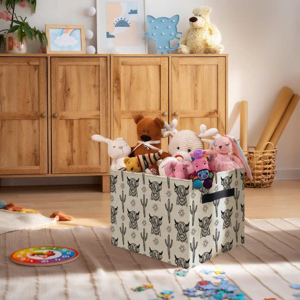 Western Highland Cow Storage Bins Box, Toybox for Boys Girls, Retro Western Cactus Cow Foldable Storage Baskets Organizer for Bedroom Bathroom Kids Room Dorm Clothes Toys Books