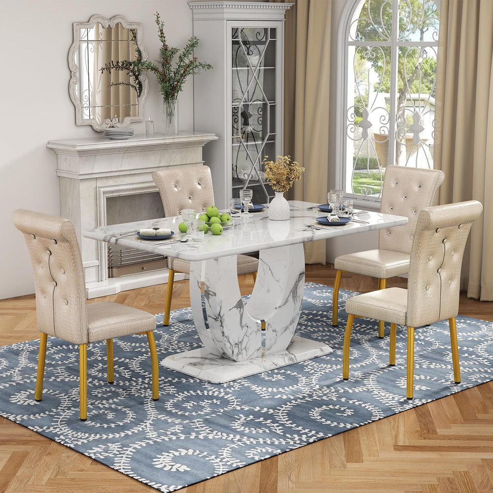 Modern Faux Marble Dining Table Set for 4, 63" White Rectangular Kitchen...