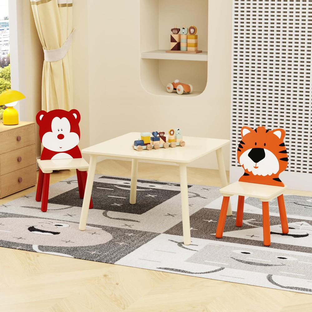 3 Pieces Table and Chair Set, Tiger & Bear Pattern Activity Play Set with...