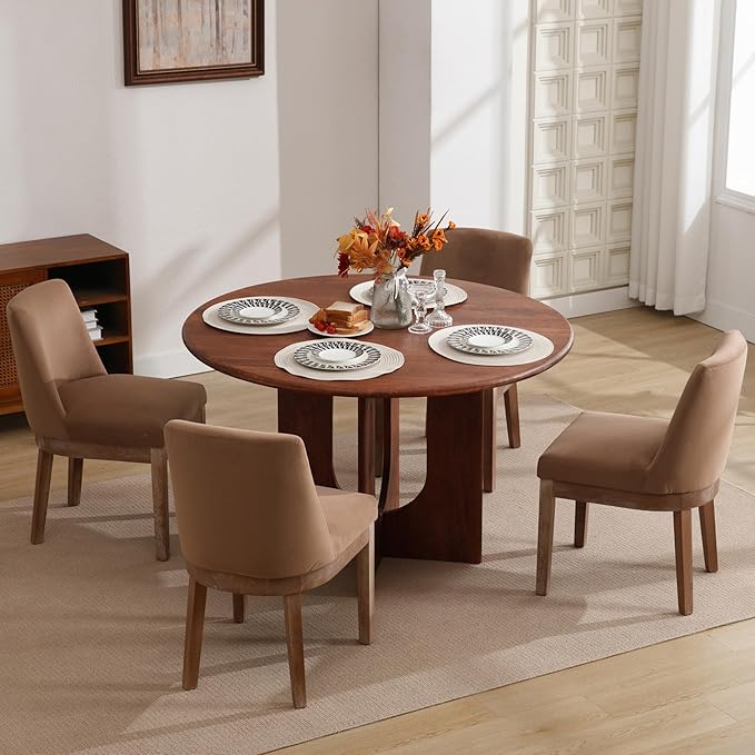 Modern Dining Chairs Set of 6 Comfortable Dining Room Chairs with Back, Velvet Fabric Upholstered Kitchen Side Chairs with Wood Legs for Living Room, Khaki