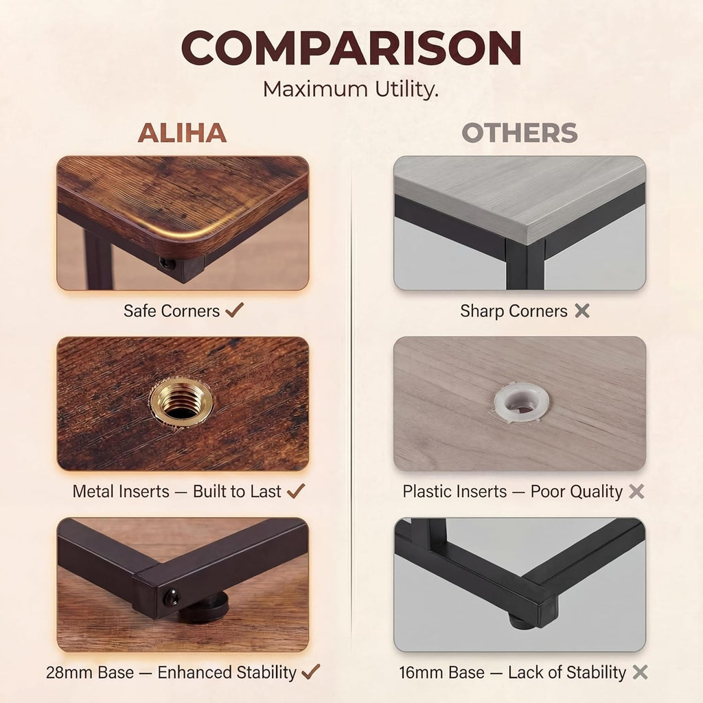 Aliha C Shaped End Table | C Table for Sofa with Rounded Corners | Slide Under Couch Side Table | Wood Top Metal Frame | Living Room Bedroom Bedside |