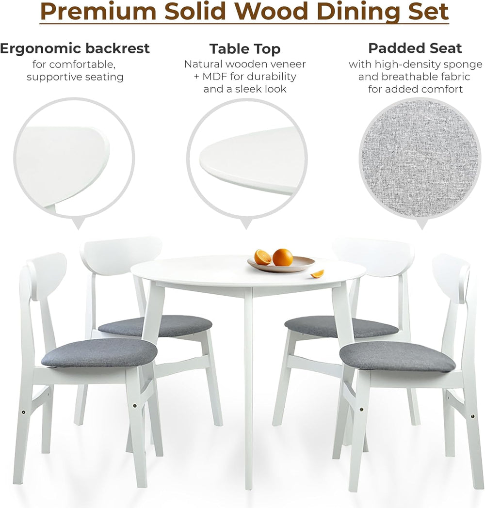 Set of 5 Dining Kitchen Round Table and 4 Yumiko Side Chairs Solid Wood w/Pad...