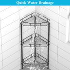3 Tier Floor Standing Corner Shower Caddy Organizer Shelf with Hooks, Bathroom Shelves Stand Rack, Matt Black