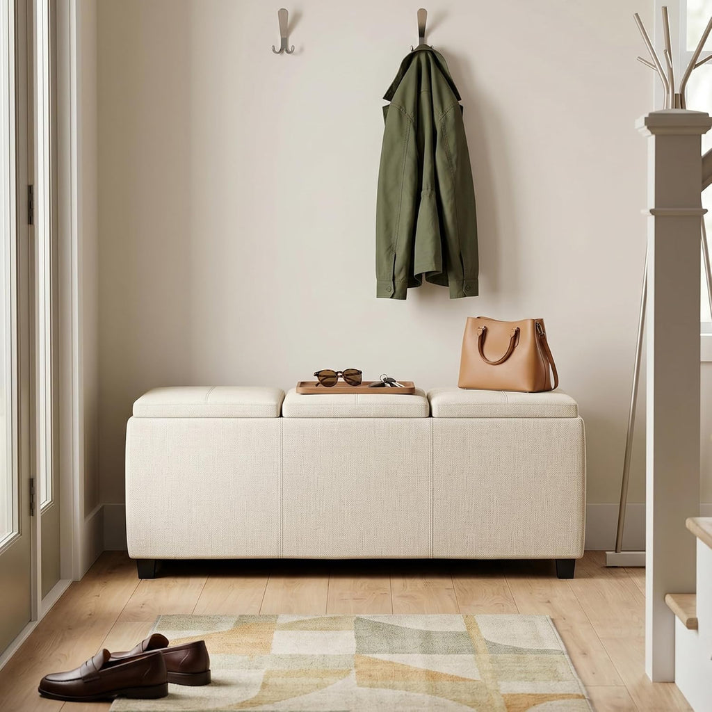 SIMPLIHOME Avalon Storage Ottoman - 42 inch Wide Upholstered Linen Look Fabric Rectangular Flip-Top Ottoman in Natural Beige, Contemporary Coffee Table Ottoman for Living Room with Hidden Storage