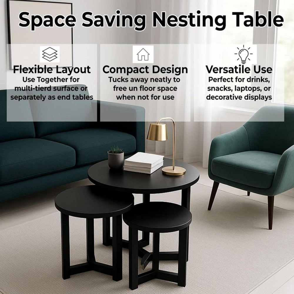 AIRA Home Decor Space-Saving Nesting Coffee Table Set of 3 – Modern Round Woo...