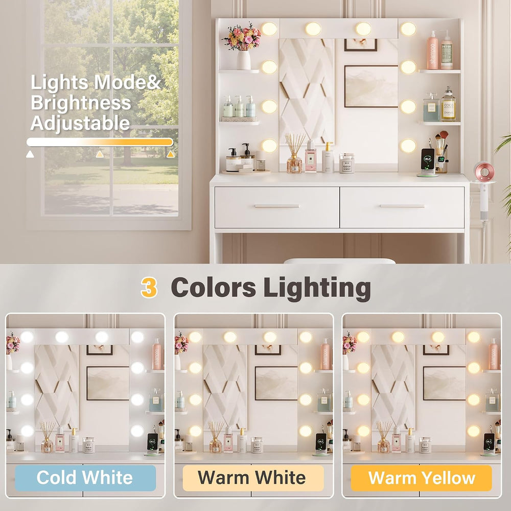 YESHOMY Vanity Desk with Mirror, Makeup Table, Milk White | 2 Large Drawers, ...