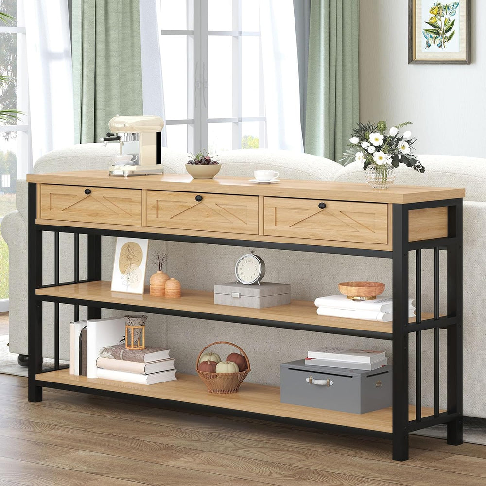 HSH Sofa Table with Storage, 55” Wood Entryway Table with 3 Drawers, 3 Tier C...