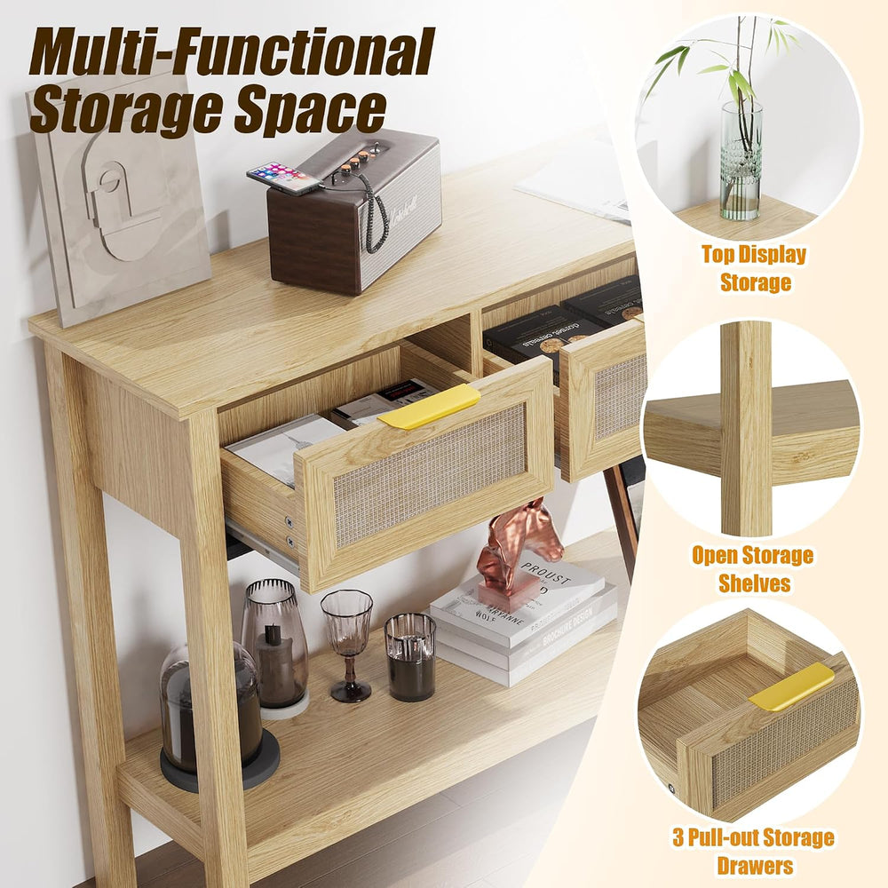 Entryway Table, Rattan Console Table with 3 Storage Drawers and Storage Shelf...