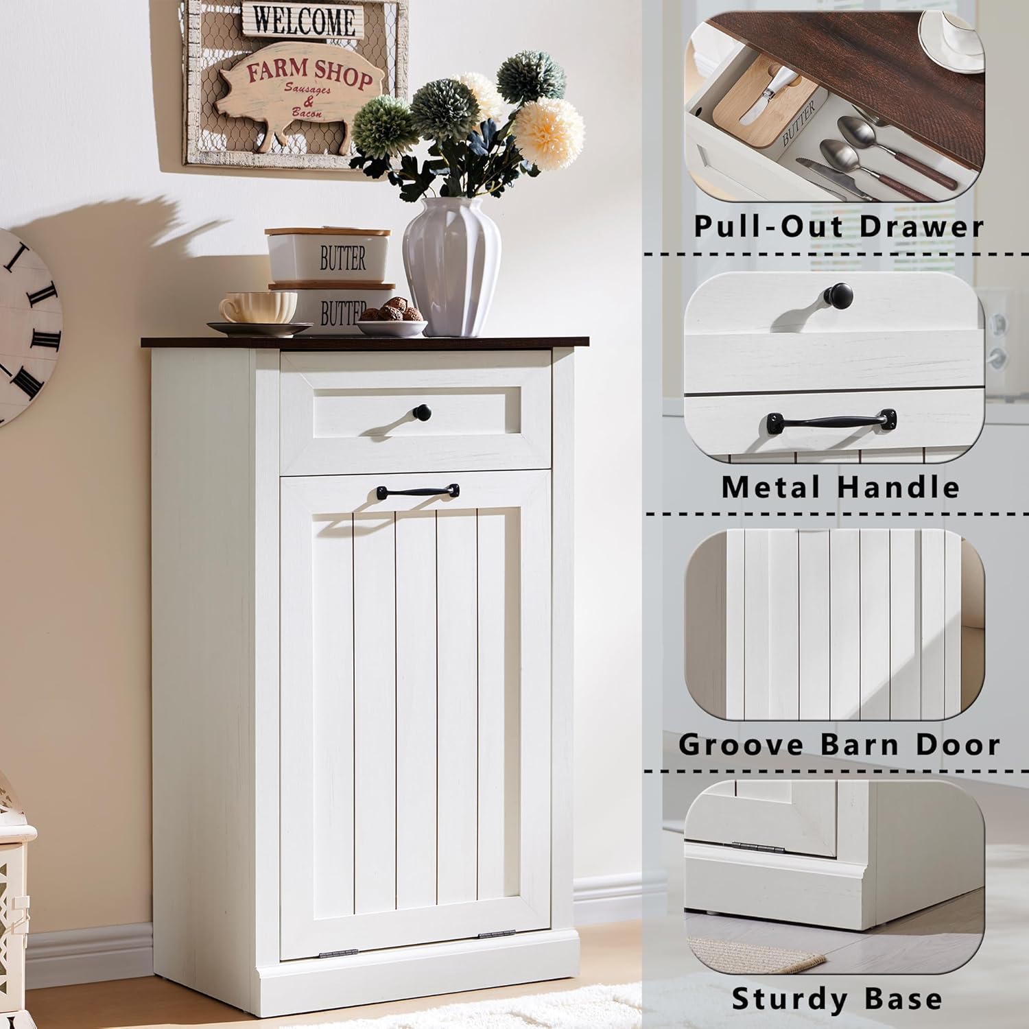 Tilt Out Trash Can Cabinet, 10 Gallon Farmhouse Laundry Hamper Cabinet with Drawer, Hidden Wooden Trash Garbage Can Bin with Storage Basket for Kitchen, Living Room (Antique White)