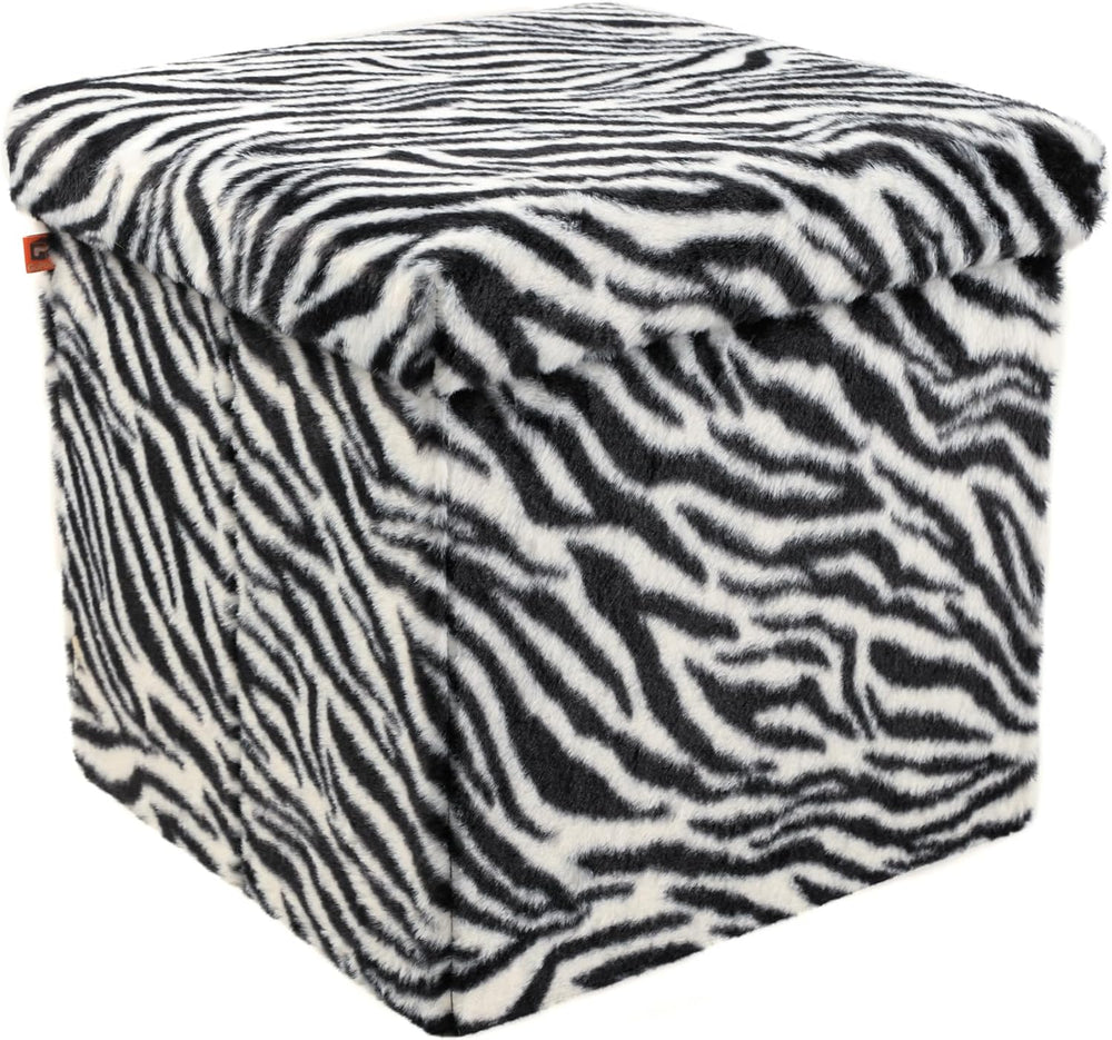 Luxe Faux Fur Storage Ottoman, Zebra Black/White, 15 x 15 x 15 in | Engineere...