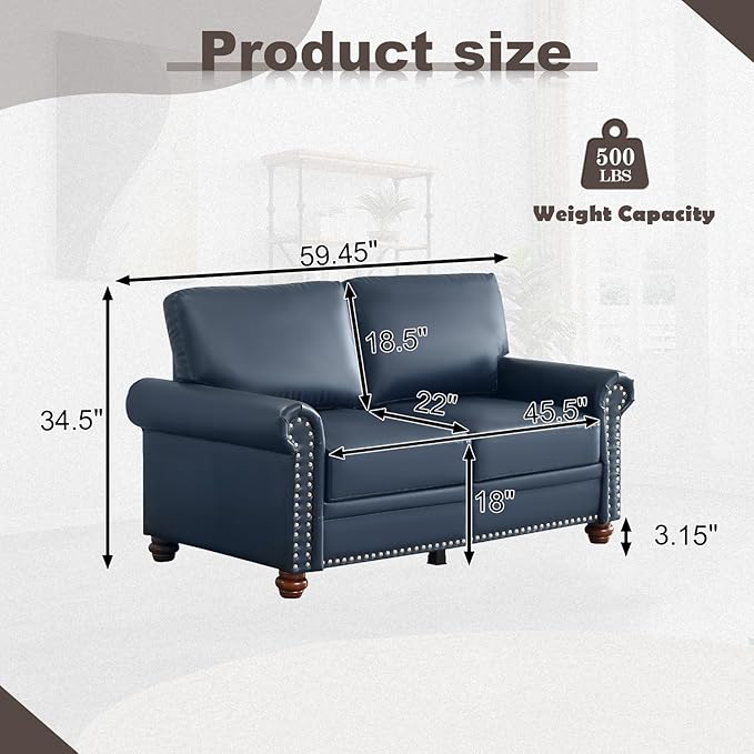 Faux Leather Loveseat Sofa, 59" W Mid Century Modern Couch with Storage, Comfy 2 Seater Sofa with Nailhead Trim & Rolled Armrests, Deep Seat Small Couch for Living Room, Apartment, Office (Navy)