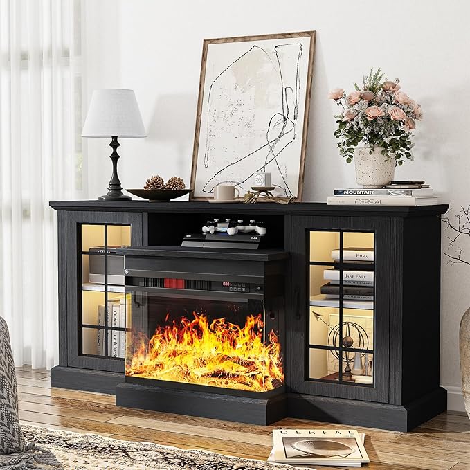 oneinmil 59'' Fireplace TV Stand with 3-Sided Glass, TV Cabinet for TVs up to 65", Modern Media Entertainment Center with Farmhouse Glass Door Storage Cabinets for Living Room, Black