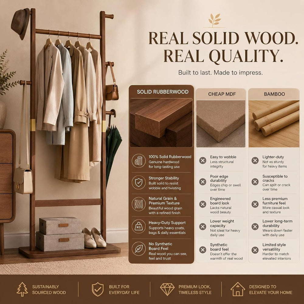 Solid Wood Coat Rack Freestanding, Clothing Rack with 5 Hooks & Bottom Sh...