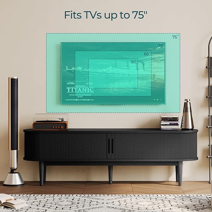 LINSY HOME Fluted TV Stand for 75" TV, Mid-Century Modern Wood Entertainment Center with Sliding Tambour Door and Storage Cabinet, Boho TV Media Console Table for Living Room, Bedroom, Black