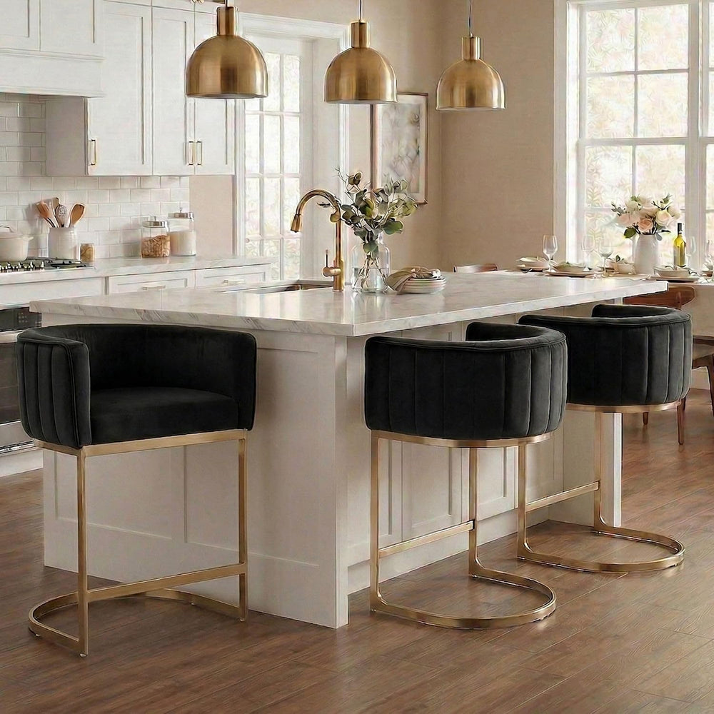 Hyfirm Set of 3 Black Velvet Counter Height Bar Stools Gold Base