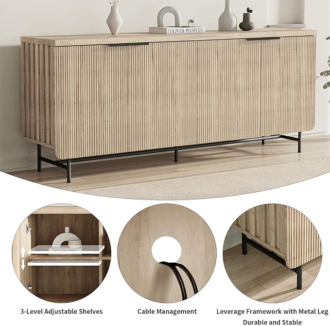 SAINTCY Mid Century Fluted TV Stand for 55/60/65/70/75 inch TV, 68" Oak ...