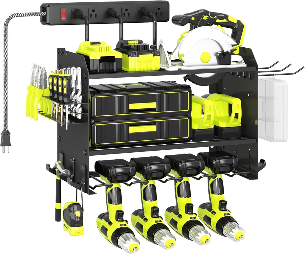 3 Layer Heavy Duty Power Tool Organizer Wall Mount with Charging Station, Adjustable Metal Storage Rack, 6 Outlets Strip, Drill Holders, Hooks & Drill Bit Rack for Garage, Workshop, Black